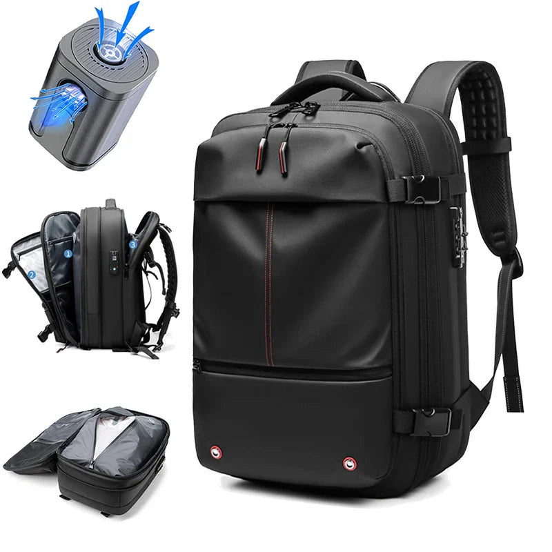 Vacuum compression backpack with sleek black design, water-repellent material, and spacious compartments for travel essentials.