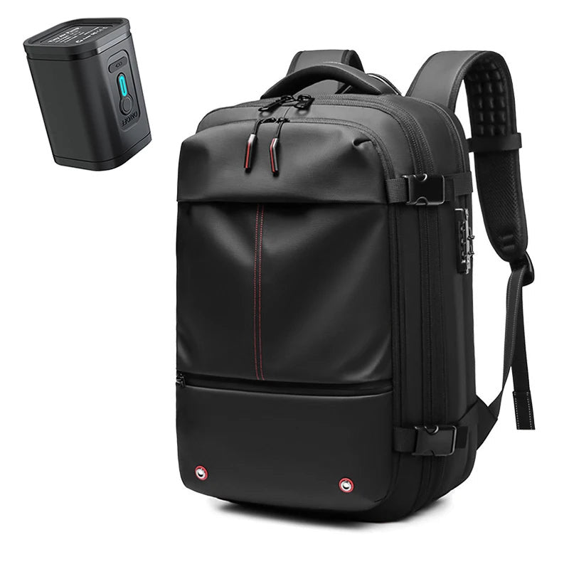 Vacuum compression backpack with ergonomic design and included pump.